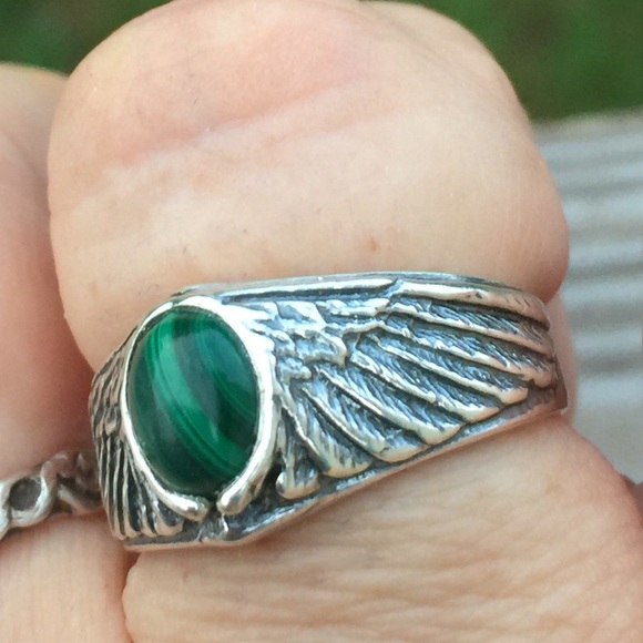 Medium Eagle Wing Ring .925 Sterling Silver w/ genuine Malachite gem USA - Picture 7 of 8